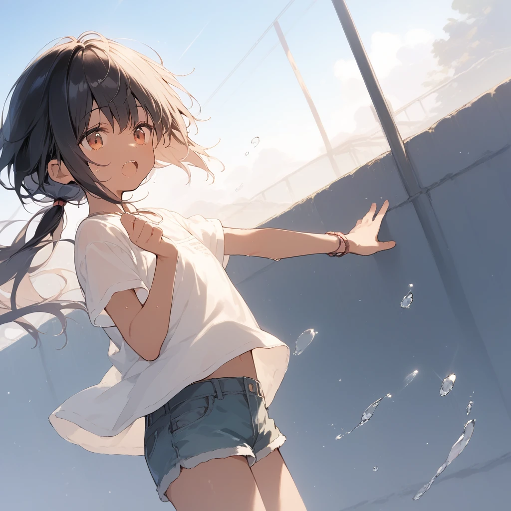 score_9, score_8_up, score_7_up, source_anime, best quality, masterpiece, official art, absurdres, highres, ultra-detailed,waifu2x,Collection: Slice of Life,break,1girl, tomboy, dark-skinned female, short hair, low ponytail, flat chest, beautiful detailed eyes, short shorts, sweat, open mouth, (yawn:0.3), sleepily, outdoors, wind,break,(clear line illustration:1.2), super detailed skin,very high resolution, very aesthetic, Best sexual lighting powered by famous artist, 8k,cute picture,beauty illustration,photoshop_(medium),,(Detailed Lighting),best anime 8k konachan wallpaper, pixiv contest winner,