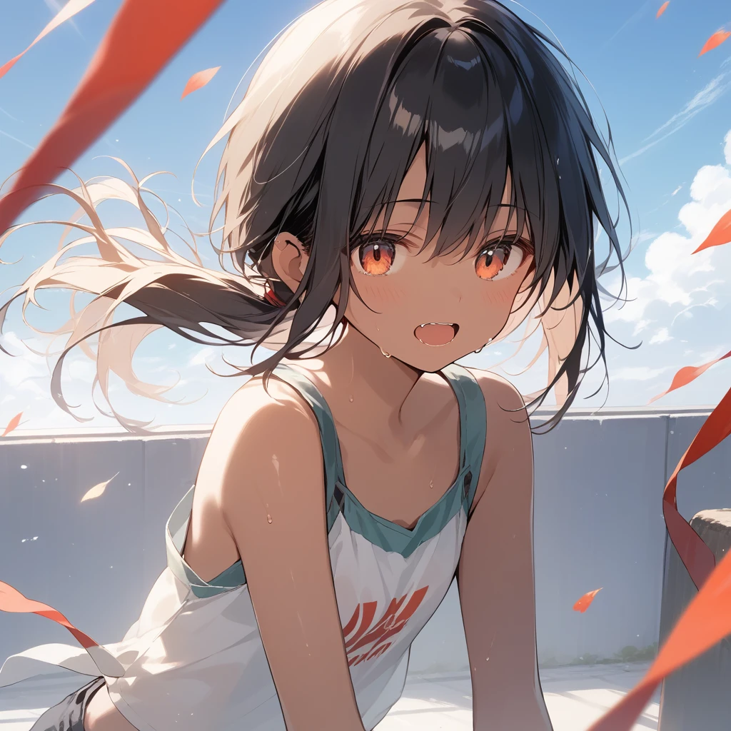 score_9, score_8_up, score_7_up, source_anime, best quality, masterpiece, official art, absurdres, highres, ultra-detailed,waifu2x,Collection: Slice of Life,break,1girl, tomboy, dark-skinned female, short hair, low ponytail, flat chest, beautiful detailed eyes, short shorts, sweat, open mouth, (yawn:0.3), sleepily, outdoors, wind,break,(clear line illustration:1.2), super detailed skin,very high resolution, very aesthetic, Best sexual lighting powered by famous artist, 8k,cute picture,beauty illustration,photoshop_(medium),,(Detailed Lighting),best anime 8k konachan wallpaper, pixiv contest winner,
