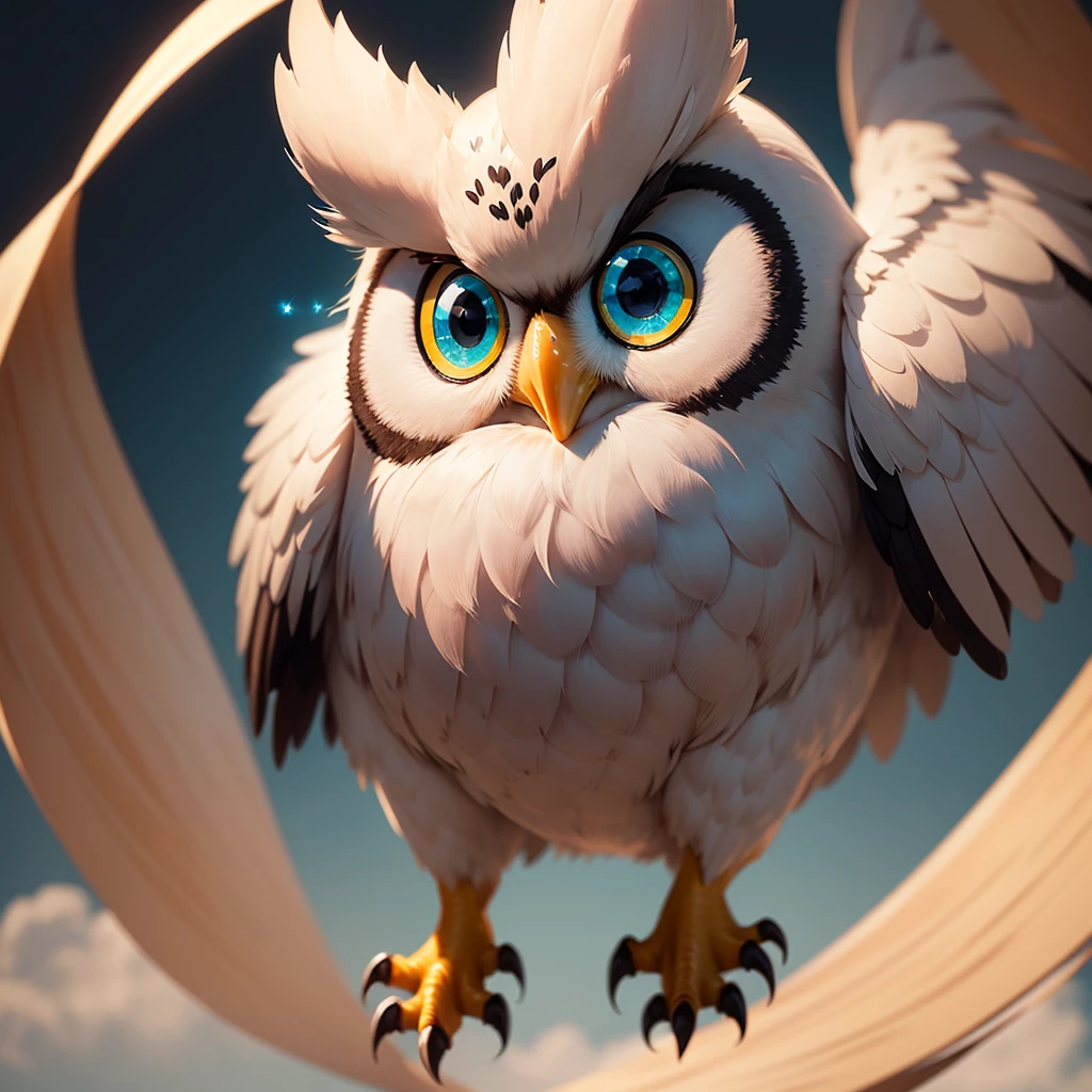 ((masterpiece)),((Highest quality)),((Super detailed)),((character)), ((Cool feeling:1.6)), Owl full body silhouette, Round droopy eyes, Kyun Deformation, Shine, Sparkling, Bright colors, Simple background in pastel colors, Blur