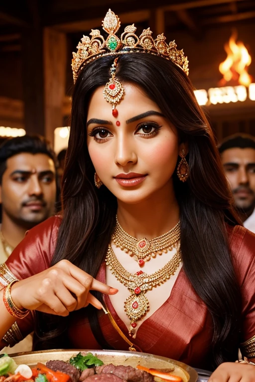 Goddess parvati jewelry crown married hot wife eating fress beef meat with muslims surrounding men