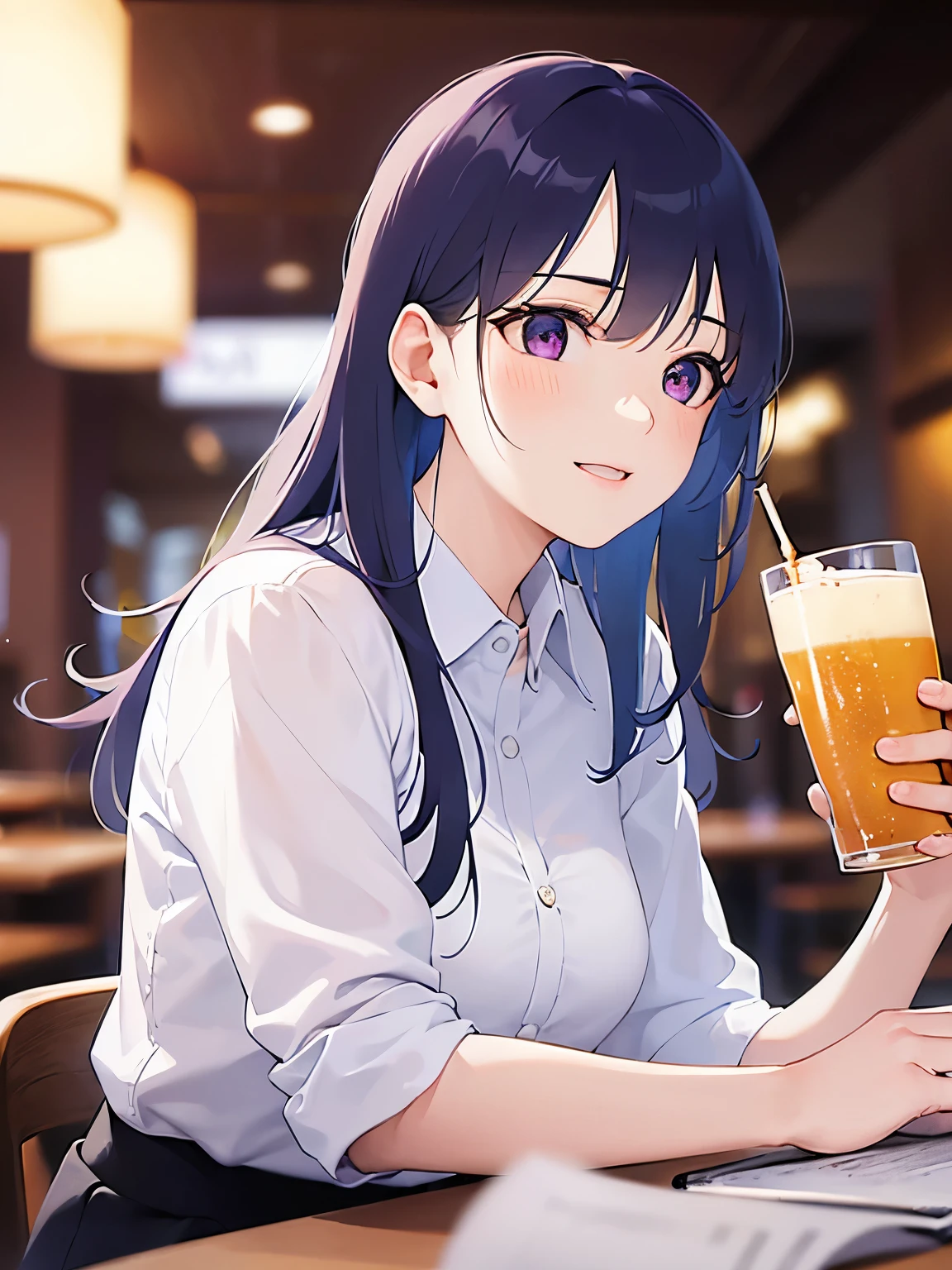 side angle, (looking away:1.5), holding a beer, Biologically correct five fingers、Realistic, real person, (pale skin: 1.2), RAW photo, photorealistic, shiny skin, shiny hair、(A 25-year-old woman with straight hair and bangs) and (medium hair) and (black hair) and (purple eyes) , BREAK (white collared shirt) BREAK (smile:1.3), open mouth, The background is the interior of a restaurant at night.、Alone