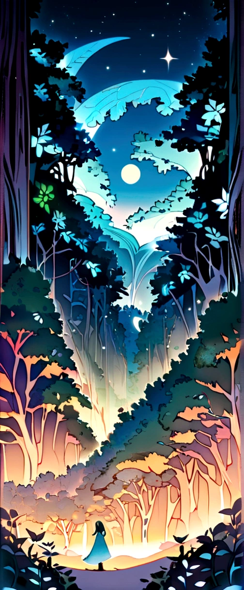 "White background, funny paper cut style, mother Nature, soft lighting, abundant foliage." Bright glow with stars and moon effect