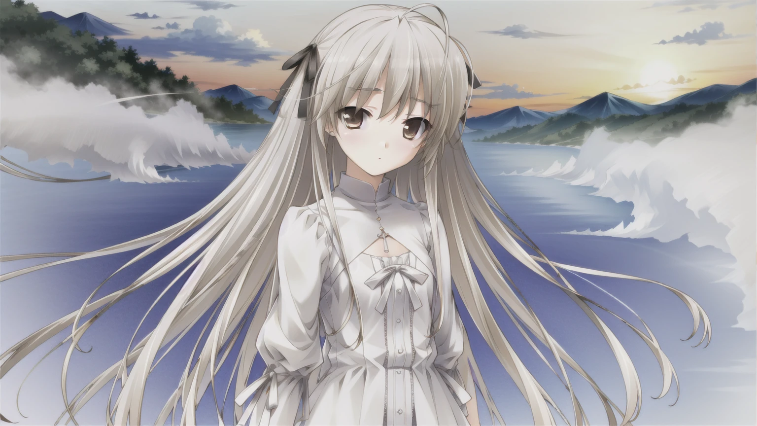 ((masterpiece:1.4, best quality)) ,Kasugano Sora,Cool girl,Brown eyes,Long and straight hair,((masterpiece)),(best quality),Official Art,Extremely detailed CG,Unity 8K wallpaper,Very detailed,Beautiful and delicate eyes,Extremely detailed face,1 girl,solitary,,(whole body:1.5),(small:1.3),,Clear and cloudless,Amber dusk like sugar in a beautiful distance,The cold air and glass are very transparent in the early morning