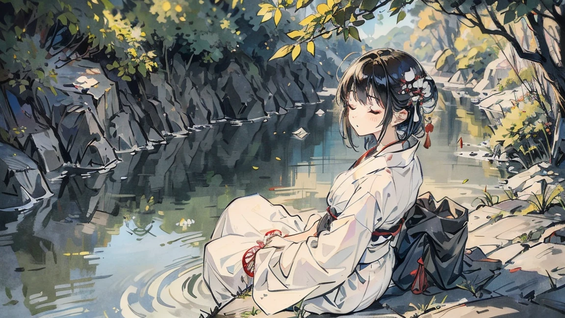 beautiful woman, Japan, (((It was))), (((meditation))), Eyes closed, Black Hair, ((White yukata))), In the great outdoors, I am meditating,Sitting on a cliff,(((from side))), (((seiza)))