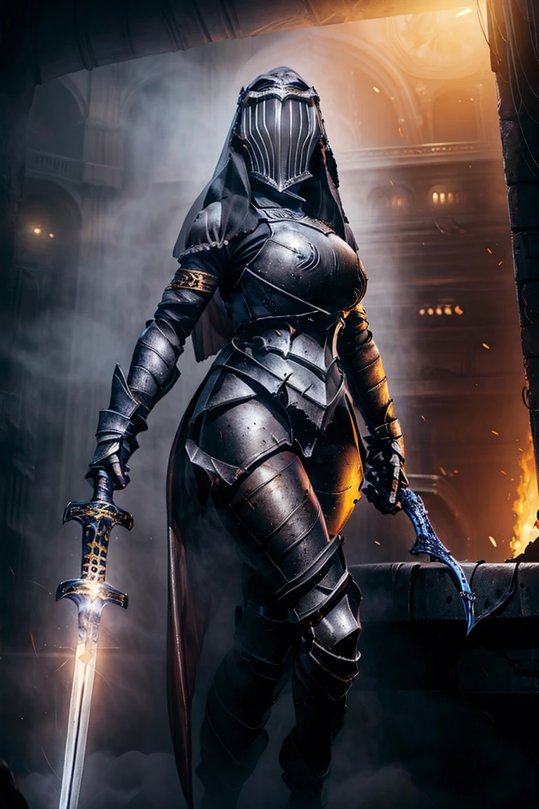 Browsing Caution, 1 girl, alone, 8K, Highest quality, artwork, Ultra-high resolution, Realist, Cinematic, Full body viewer, Full Armor, ladder, talk, knight, Twin Swords, pantyhose,  hair ornaments, big , Thick thighs, The ultimate beautiful lady knight, Sexy lady knight, name