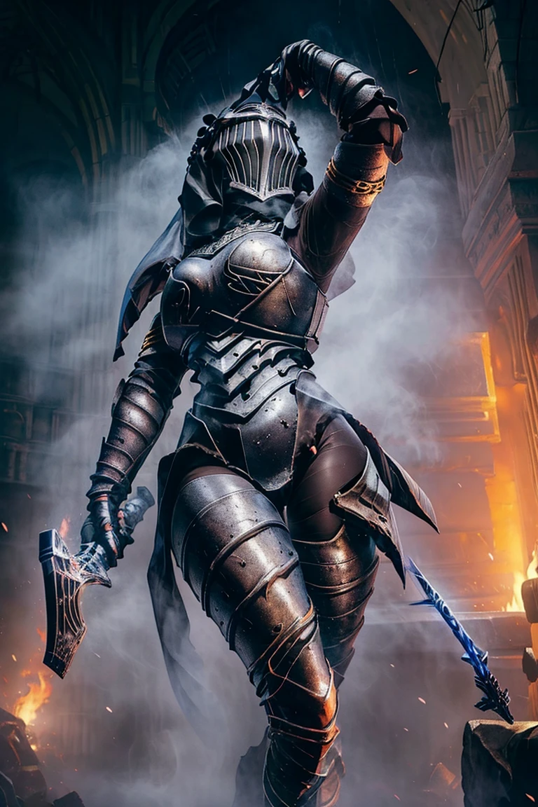 Browsing Caution, 1 girl, alone, 8K, Highest quality, artwork, Ultra-high resolution, Realist, Cinematic, Full body viewer, Full Armor, ladder, talk, knight, Twin Swords, pantyhose,  hair ornaments, big , Thick thighs, The ultimate beautiful lady knight, Sexy lady knight, name