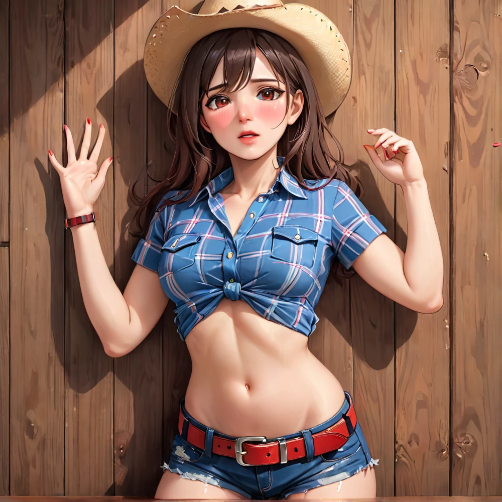 (((Being a single woman:2.0))),(((NSFW:0.5))),(((Wear denim hot pants:1.5))),(((Wear a red checked short-sleeved collared shirt:1.5))),(((Wear a gun belt with a holster:1.8))),,((Wear a watch on your wrist:1.8))),(((Showing cleavage))),(((Exposed thin inner thighs))),(((Small breasts:1.5))),(((Navel exposed:1.5))),(((Bare arms))),(((Put on your boots:1.5))),((Blushed:1.9)), Beautiful detailed girl, Very detailed目と顔, 緻密でBeautiful Eyes, Very detailed, High resolution, Highest quality, masterpiece, Very detailed, 8k wallpaper, wonderful, finely, Highest quality,(Standing in front of a wooden wall),Beautiful Eyes,((Engage your audience:1.8))),(((Drunk:1.8))),(((Crying face:1.6))),(((Touch your chest with your left hand:1.5))),(((:Cowboy Shot 1.5)))