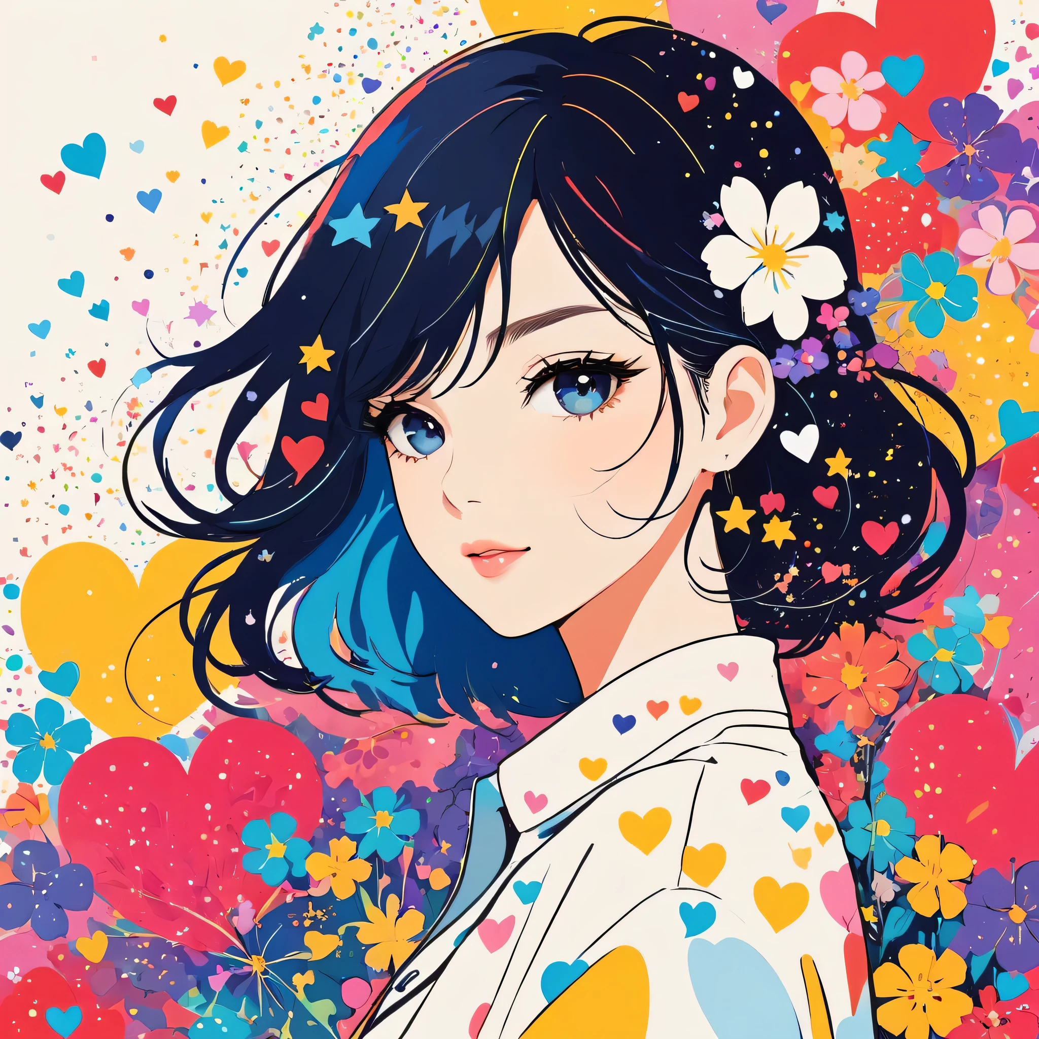 Mika Pikazo style, Simple Line Initialism,Abstract art,stylish Design, The most beautiful girl of all time, The background is star dust, colorful hearts, colorful flowers,