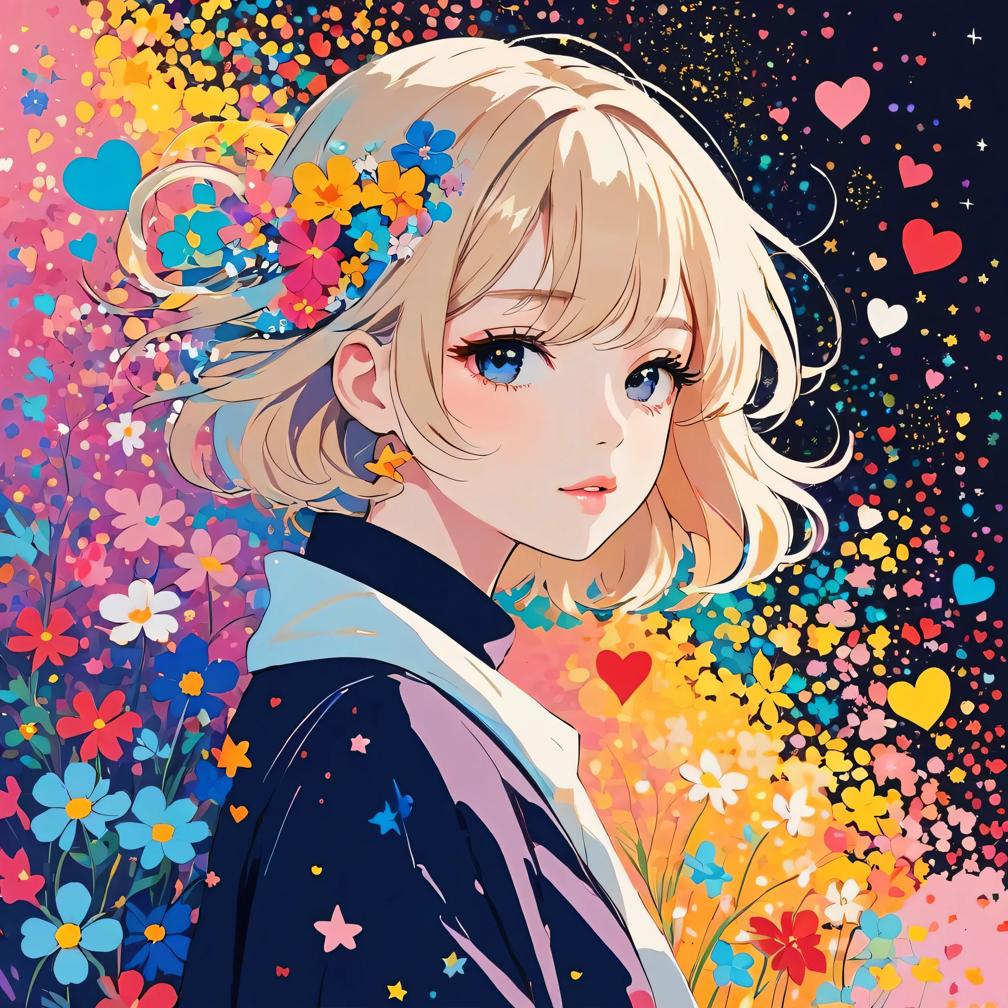 Mika Pikazo style, Simple Line Initialism，Abstract art，stylish Design, The most beautiful girl of all time, The background is star dust, colorful hearts, colorful flowers,