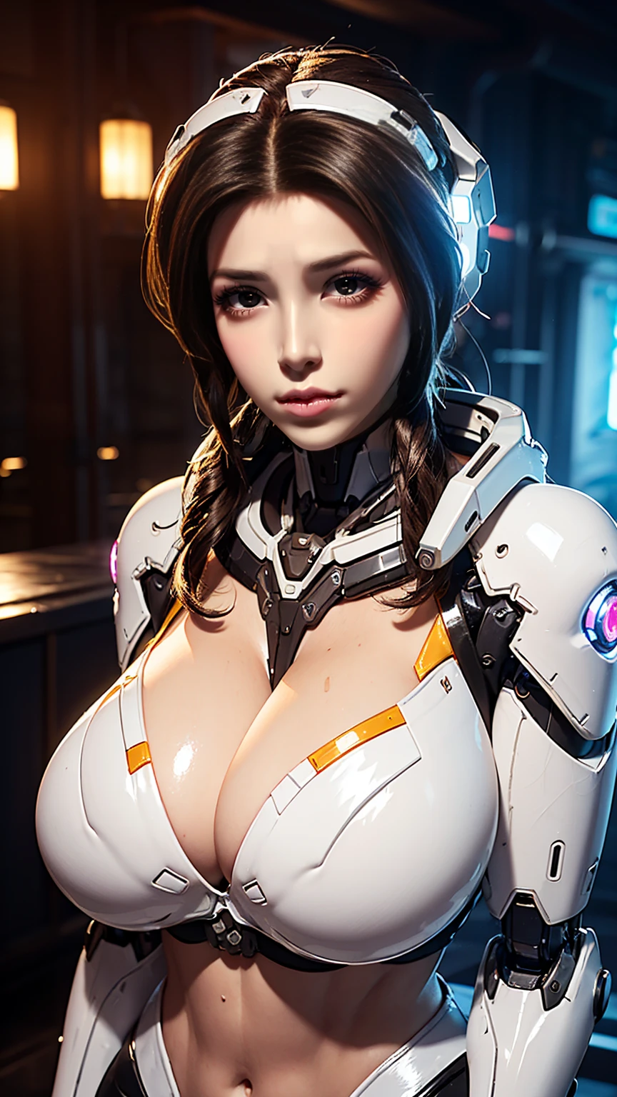 Solo, Stand Up Straight, Physically-based Rendering, Unreal Engine 5 Render, Jealous, bokeh, (look Half Body:1.5), ((full oiled bodyskin:1.5)), ((cleavage top, Gigantic Breasts:1.5)), (expose muscle Abs:1.4), (big Hips:1.3), ((beautiful Cyborg Woman, Red Mecha Musume Girl, Futuristic Cyber Crop top armor, White Mecha Body Girl from OVERWATCH 2, Guard Arms, Gloves:1.5)), (close Up Upper Body), (pale Skin, Body Oiled, (clean Glossy Bodyskin:1.4), (background Futuristic Space Station:1), (photorealsitic:1.4), (ultra-detailliert), (top-quality), (best Shadows), Bright Light In Room, Hyper Texture, (4x Msaa), ((unreal Engine 5 Render)), (neon), Physically-based Rendering, Ultra Hight Definition, 16k, 1080p, Beauty Model, 4k Resolution.