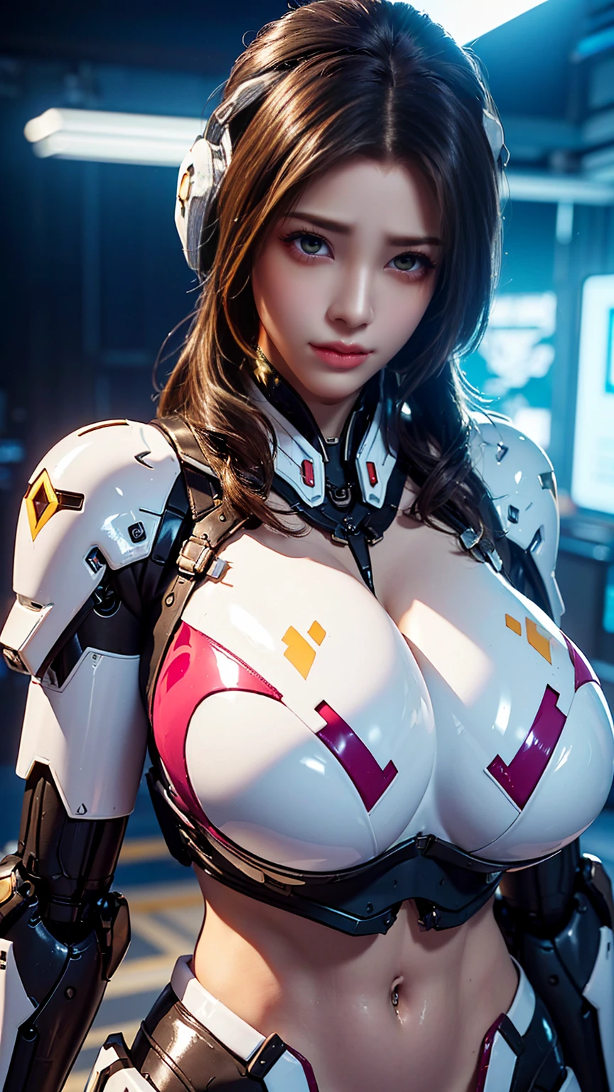 Solo, Stand Up Straight, Physically-based Rendering, Unreal Engine 5 Render, Jealous, bokeh, (look Half Body:1.5), ((full oiled bodyskin:1.5)), ((cleavage top, Gigantic Breasts:1.5)), (expose muscle Abs:1.4), (big Hips:1.3), ((beautiful Cyborg Woman, Red Mecha Musume Girl, Futuristic Cyber Crop top armor, White Mecha Body Girl from OVERWATCH 2, Guard Arms, Gloves:1.5)), (close Up Upper Body), (pale Skin, Body Oiled, (clean Glossy Bodyskin:1.4), (background Futuristic Space Station:1), (photorealsitic:1.4), (ultra-detailliert), (top-quality), (best Shadows), Bright Light In Room, Hyper Texture, (4x Msaa), ((unreal Engine 5 Render)), (neon), Physically-based Rendering, Ultra Hight Definition, 16k, 1080p, Beauty Model, 4k Resolution.