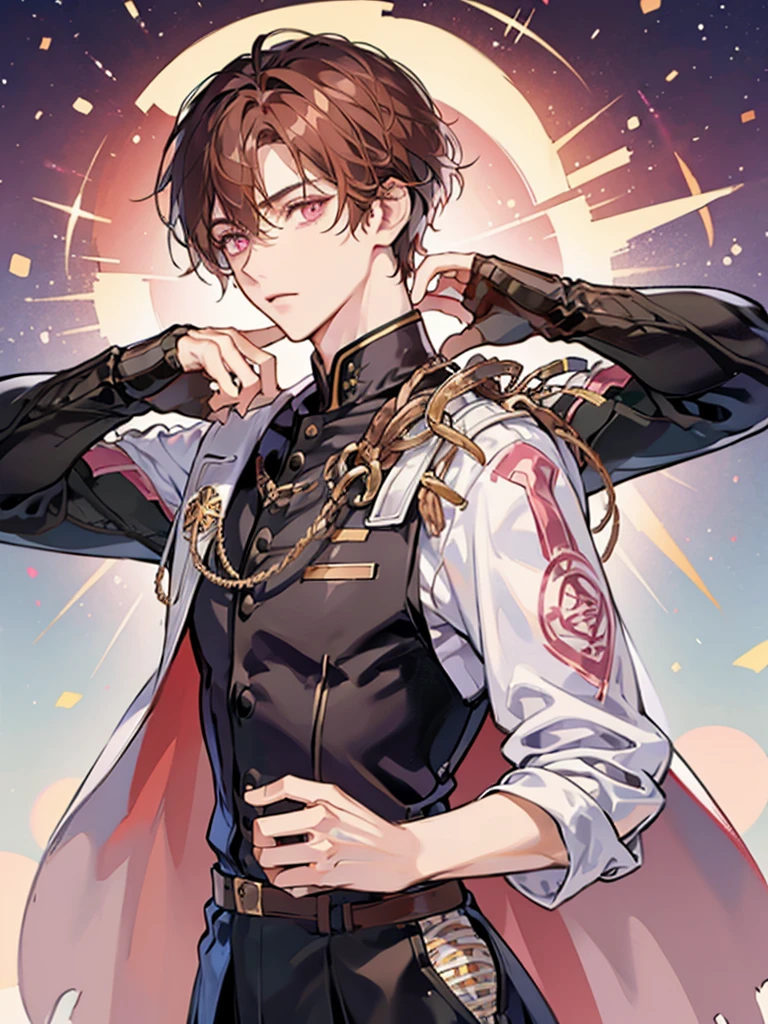 boy, pink eyes, shoulder length brown hair, wear uniform, he is man, handsome man.