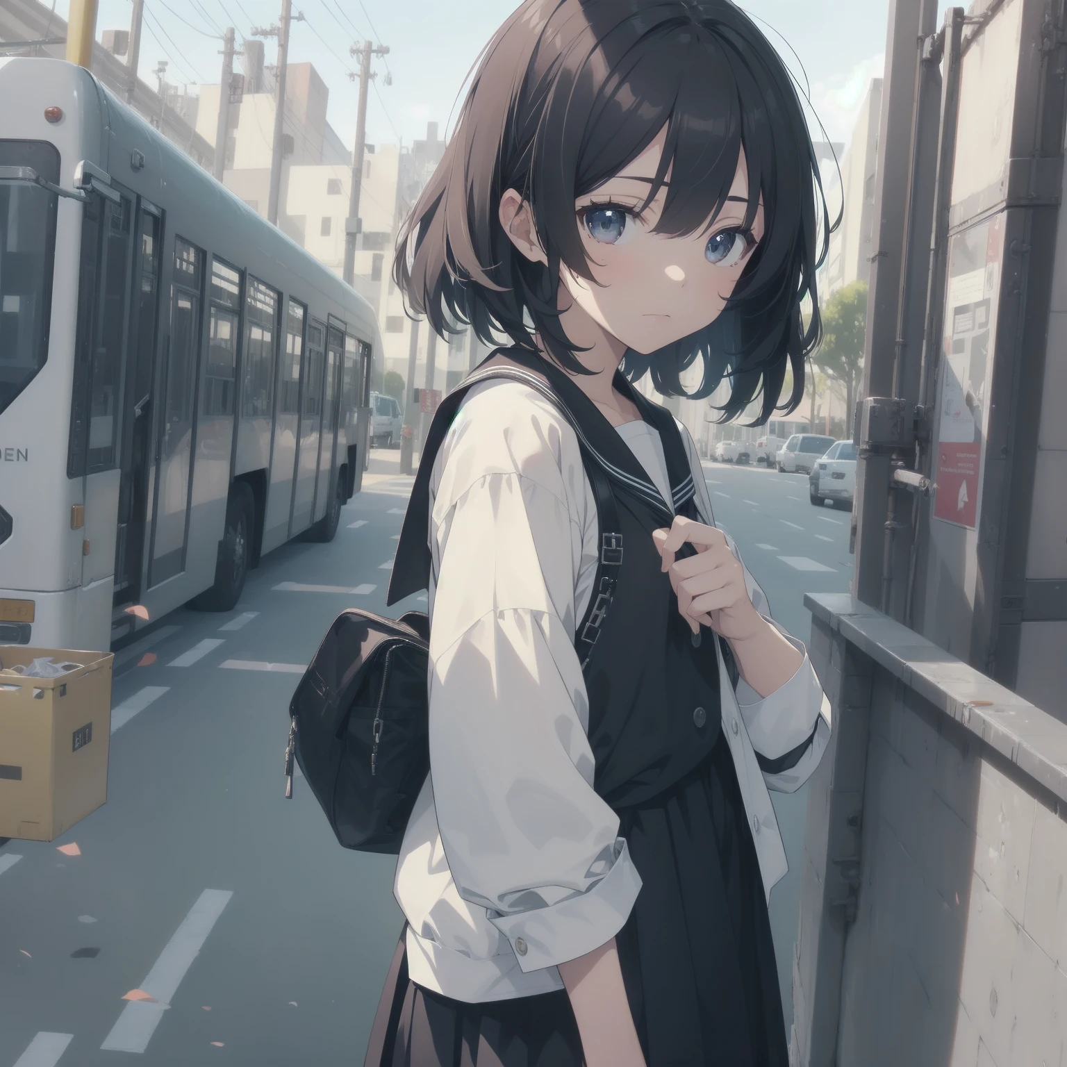 ultra-absurdres-Top quality by artist God, ultra-detailed, high resolution, anime moe artstyle, best anime 8k konachan wallpaper, pixiv contest winner, pool:2810, perfect anatomy,break, 1girl, (Please draw a girl walking sleepily to school alone. )break,(Solo,little female, 13-year-old:1.3),Full limbs, complete fingers,a junior high school student, (very short hair), short cut, flat chest, , small butt, small black eyes, beautiful detailed eyes, well-proportioned iris and pupils, expressive eyes, highres detailed hair, soft expression, salor school_uniform, sailor collar, serahuku, bow, pleated skirt,(Detailed Lighting), (Detailed background), in the School commute route. break,super detailed skin, Best cinematic lighting powered by famous artist, 8k,beauty illustration,photoshop_(medium),very aesthetic,break,((artist:hana_kazari )), artist:clamp ,artist:carnelian ,artist:kantoku ,