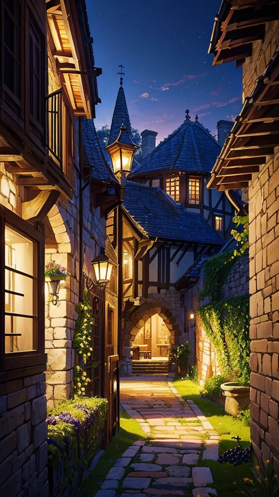 ((masterpiece, best quality)), ((peaceful medieval village, grape garden, wine, vibrant coloring, morning, )), dramatic lighting