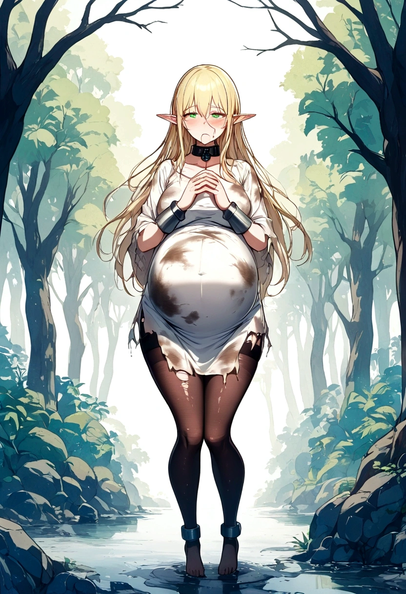 Anime. 1girl. Elf. Slave. Pregnant. Barren pregnancy. Slave collar. Shackles. Dirty tunic. Torn tunic. Blonde. Long hair. Green eyes. Beautiful eyes. Pointy ears. Cold. Runny nose. Sneeze. Sneezes. Snot flows from the nose. Covers his nose with his hands. Snot runs from the nose to the palms after sneezing. Contractions. Waste water Loss of amniotic fluid after sneezing. Full body. Forest.
