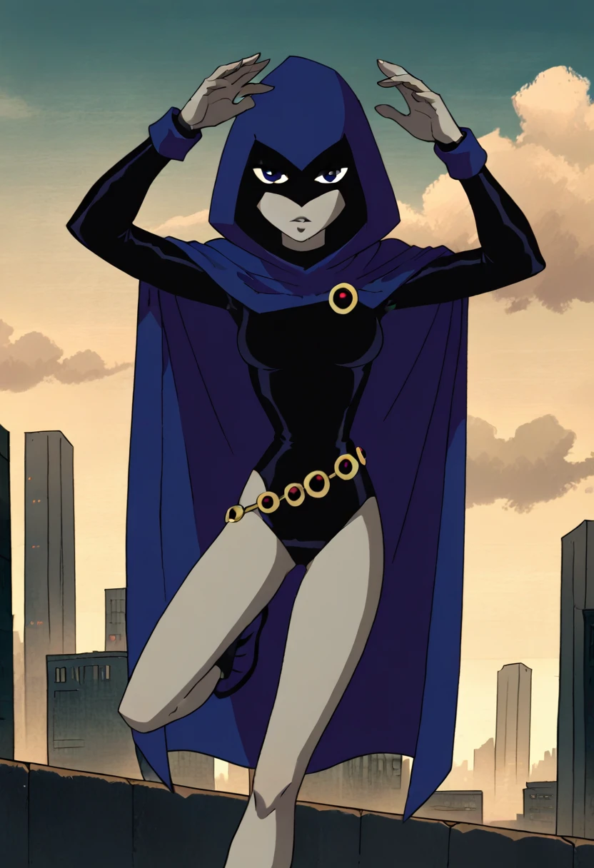 RavenTT, 1girl, solo, breasts, hood, purple eyes, cape, grey skin, belt, superhero, medium breasts, looking at viewer, leotard, sky, cloak,city, score_9, score_8_up, score_7_up, score_6_up , flying in air, darkness behind girl,