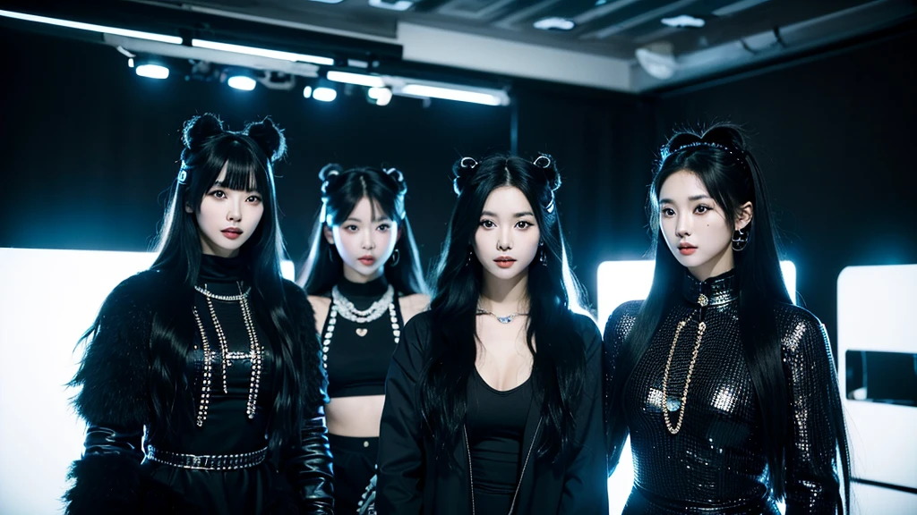 In the black room.Cool Two young Korean women and one Japan woman. They are K-pop singers. All-black costume.they looks like easpa.Fancy makeup.