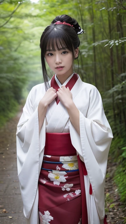 Japanese Yokai、The perverse girl、Beautiful reddish-black skin、The eyes are large and slanted、Bullish face、Staring straight ahead、Red tears flowing from the eyes、(RAW Photos、Highest quality)、(Real、写真Real: 1.3)、Highest quality、masterpiece、One monster girl、whole body、full body、The body is turned to the front、Wearing a red kimono、The kimono reaches below the knees、The kneecap is visible、Detailed face、Standing in a mysterious forest