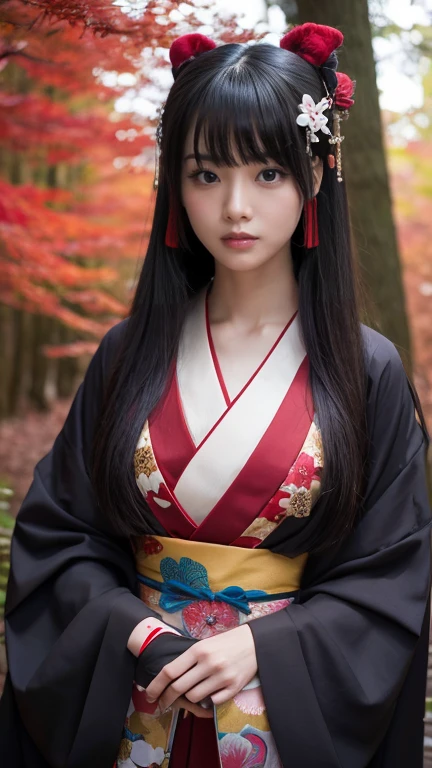 Japanese Yokai、The perverse girl、Beautiful reddish-black skin、The eyes are large and slanted、Bullish face、Staring straight ahead、Red tears flowing from the eyes、(RAW Photos、Highest quality)、(Real、写真Real: 1.3)、Highest quality、masterpiece、One monster girl、whole body、full body、The body is turned to the front、Wearing a red kimono、The kimono reaches below the knees、The kneecap is visible、Detailed face、Standing in a mysterious forest