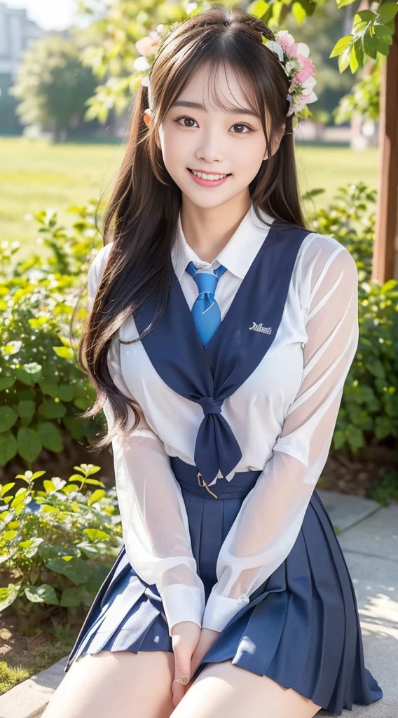 (Highest quality、Ultra-high resolution、８ｋ、masterpiece:1.3)、Beautiful woman with perfect figure:1.4、Black Hair、(((((School Uniform))))、Big eyes、派手な、（high school girl）、(Navy blue pleated skirt)、Ultra mini skirt、A beautiful woman、Schoolカバン、Highly detailed face and skin、Detailed eyes、Shiny thighs、double eyelid、Thin legs、The best smile、(((１people)))、Beautiful views、School、、beautiful place、The best smile、Extraordinary beauty、: 16、rfect Proportions、whole body、((blue sky))、Baby h your hair with your hands、The wind is blowing、((Sit on the ground))、wave hands、(I can see her panties：1.8)、White panties、(スカートの間からI can see her panties:1.5)、Spread your legs wide to the left and right、White panties