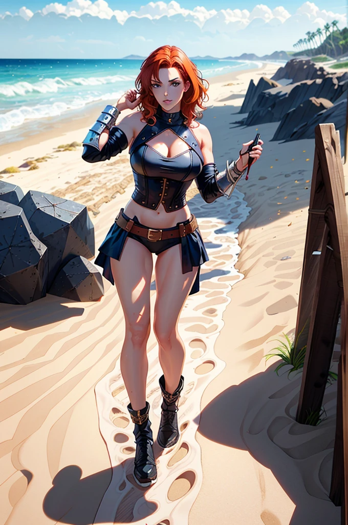 a woman with red hair, a very beautiful berserker woman, sultry body, with the face of Actress Ashley Greene,
a pioneering barbarian pirate, wearing warrior leather armor, wearing left eye patch, similar to Red Sonja, Marvel heroine style, 8K, better quality and full body in the image, walking on the beach.