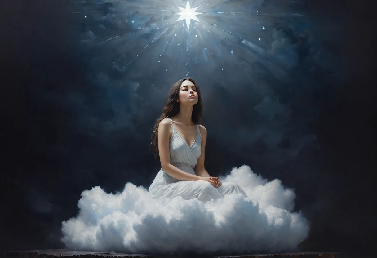 painting of a star girl sitting on a cloud. Hope. An unexpected feeling of clarity and understanding. Inspiration, cinematic scene, volumetric lights, ultra realistic, in the style of nicola samori