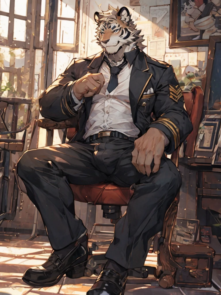 {{bara extremely handsome white tiger,}} {{white fur,}} white, wearing military like ornate trench coat, trousers, white dress shirt and necktie, white fluffy furry body and limbs, loafers, incredibly tall, very broad shoulders, narrow waist, muscular arms, massive pecs, purple eyes, very long legs, sitting on swivel chair with legs spread, from below perspective, massive bulge, sophisticated hot look, sexy pose, full body, sunlight casting over, 3/4 view, best quality, high quality, silver earring on left ear, sultry smirk