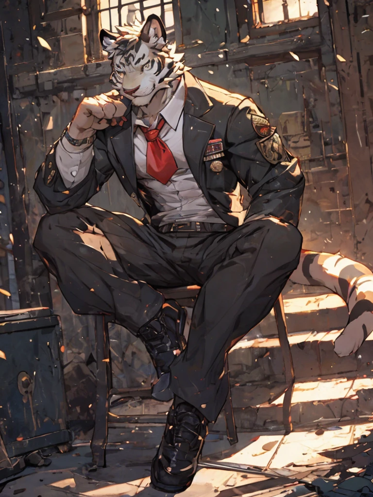 {{bara extremely handsome white tiger,}} {{white fur,}} white, wearing military like ornate trench coat, trousers, white dress shirt and necktie, white fluffy furry body and limbs, loafers, incredibly tall, very broad shoulders, narrow waist, muscular arms, massive pecs, purple eyes, very long legs, sitting on swivel chair with legs spread, from below perspective, massive bulge, sophisticated hot look, sexy pose, full body, sunlight casting over, 3/4 view, best quality, high quality, silver earring on left ear, sultry smirk