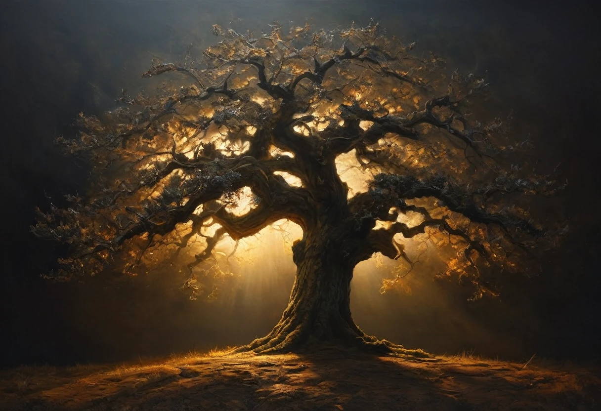 painting of a lonely old oak, cinematic scene, volumetric lights, ultra realistic, in the style of nicola samori