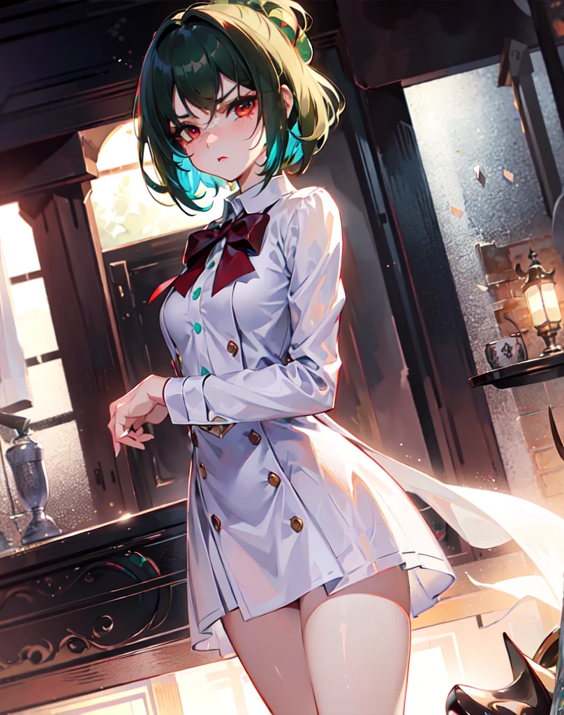 {{masterpiece}}, best quality, ultra, detailed ,extremely detailed CG unity 8k wallpaper, cinematic lighting, lens flare, beautiful detail eyes, red eyes, side glance, colorful light, particles, (colorful:1.5), (dark green hair, short hair, perm hair:1.2), white dress shirt , long boots , saddle-brown colored , long coat ,red bow tie, (proud:1.0),(elegant:1.0), (fascinating:1.2), (scowl:1.1), (stare at viewer :1.5) ,nsfw,(ecstasy:1.3) ,(slut:1.2),(vulgarity:1.3),(fucked silly:1.1),(steam:1.1),(wet:0.8),(trembling:0.8),(tears:0.7) ,(drooling:0.6),(sweat:0.8), lankly,tall, toned , slimed,