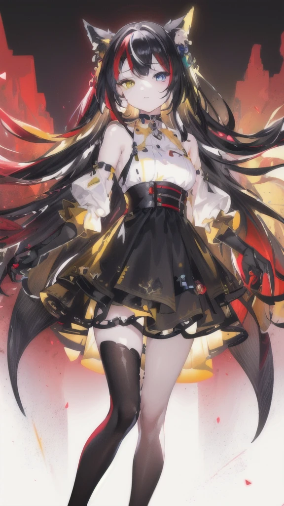 Girl with different color eyes one yellow and one red
{{masterpiece}}, best quality, extremely detailed CG unity 8k wallpaper, cinematic lighting, lens flare, beautiful detail eyes, black, side glance, multicolor hair consisting of red and black color, colorful light, particles, heterochromia, (colorful:1.5), (colorful hair:1.5), Full body front view wearing girly dress