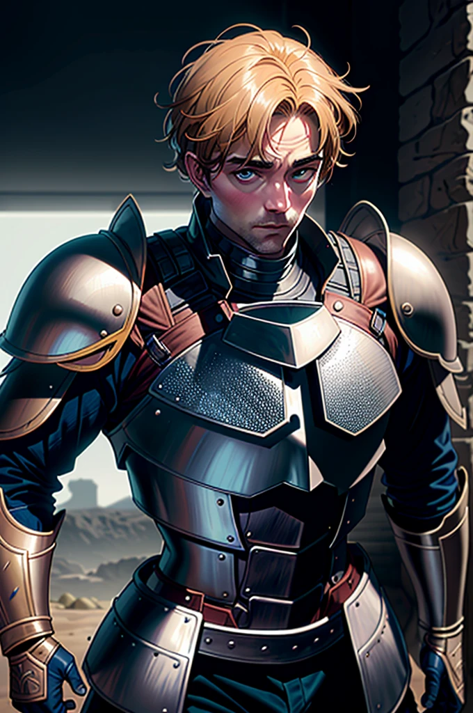 one  men, with face Robert Pattinson wearing the armor of an ancient knight, similar to Marvel&#39;s Black Knight, very strong, Marvel hero style, 8K, better quality and full body in the image, on battlefield.