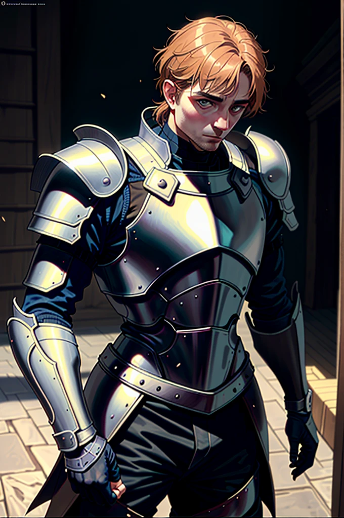 one  men, with face Robert Pattinson wearing the armor of an ancient knight, similar to Marvel&#39;s Black Knight, very strong, Marvel hero style, 8K, better quality and full body in the image, on battlefield.