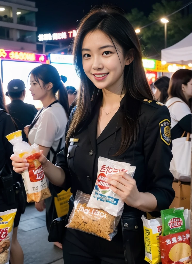 A lively night market. festival、Female police officer, Carry snacks, And her face is full of joy and satisfaction、Huge 