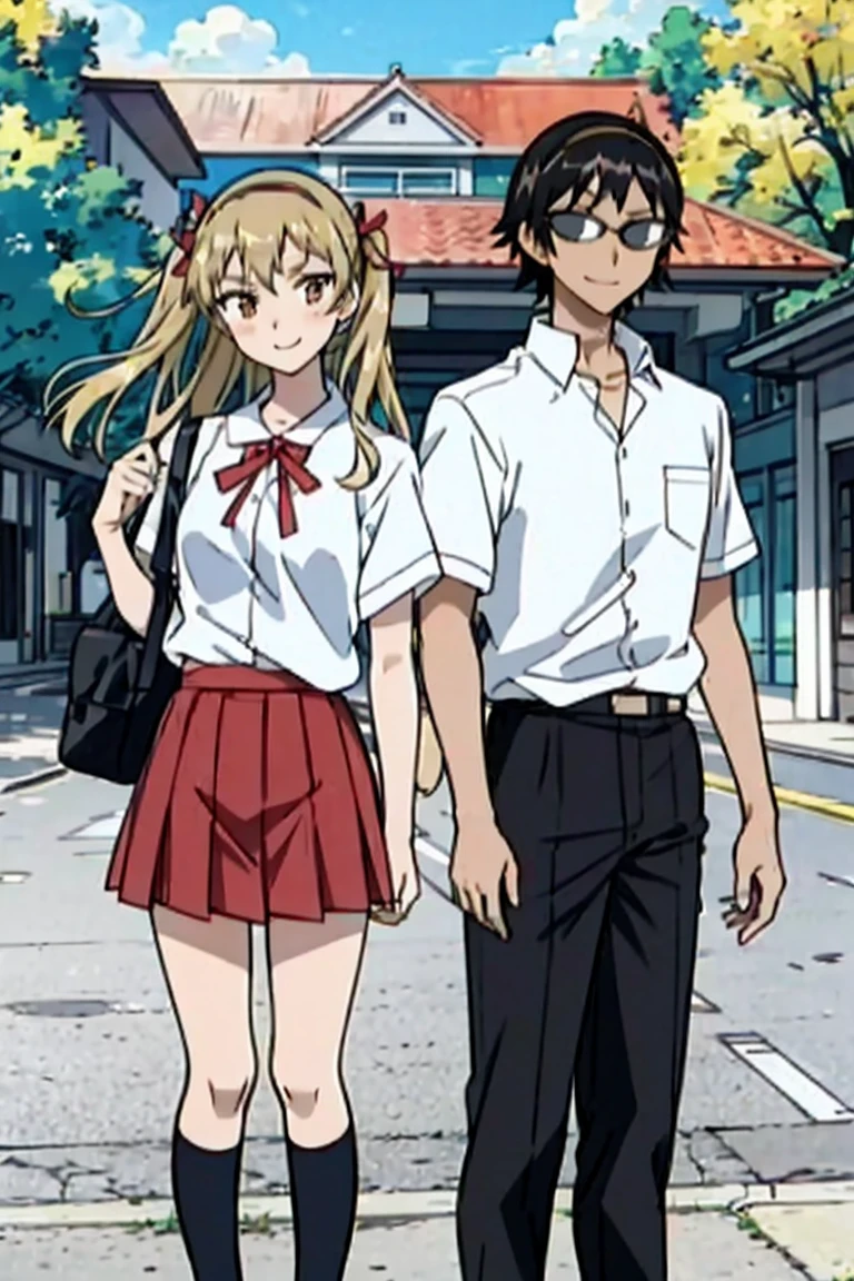 1 boy and 1 girl stand in the street,sawachika eri, brown eyes, hair ribbon,harimakenji, glasses, ,school uniform, red pleated skirt,eri,hairband, looking_at_viewer, serious, gakuran, white_shirt,smile,happy,two persons