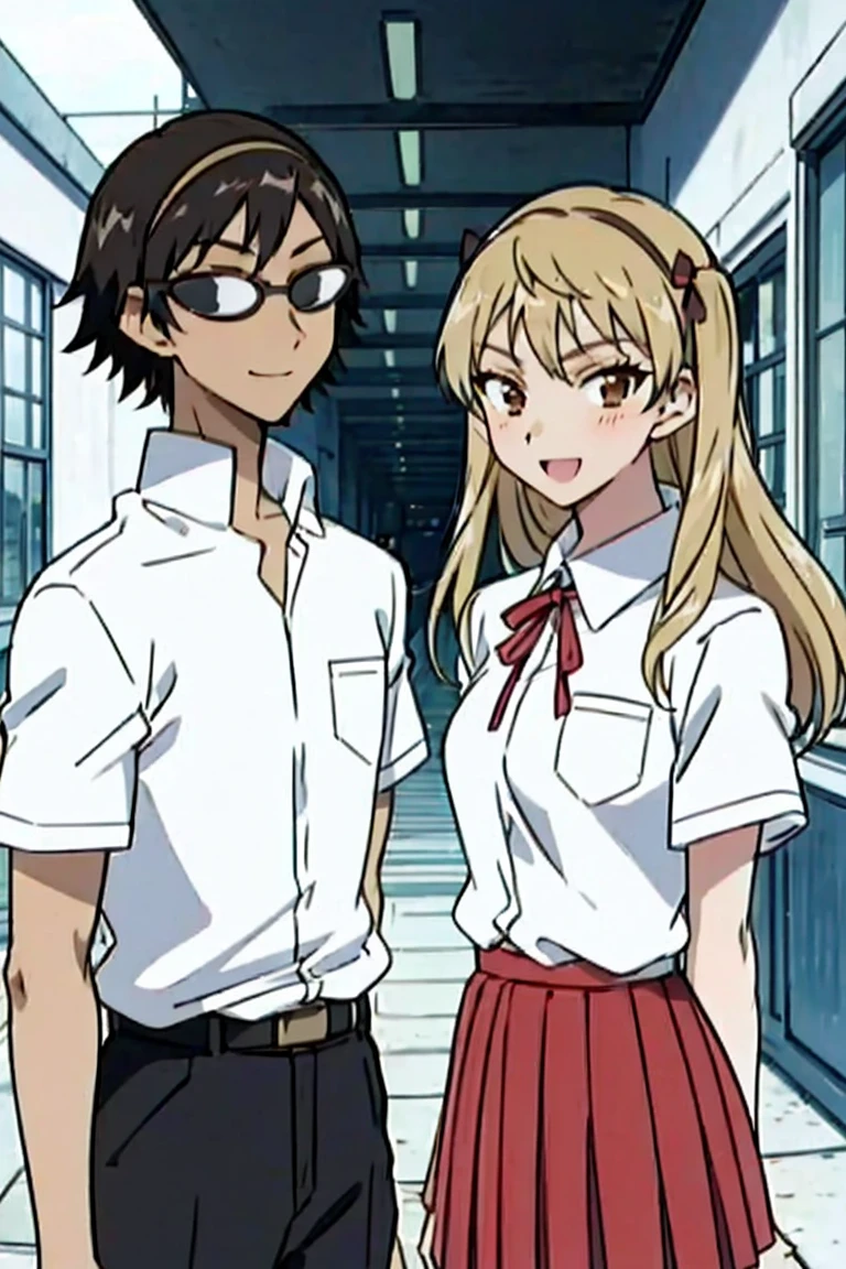 1 boy and 1 girl stand in the street,sawachika eri, brown eyes, hair ribbon,harimakenji, glasses, ,school uniform, red pleated skirt,eri,hairband, looking_at_viewer, serious, gakuran, white_shirt,smile,happy,two persons