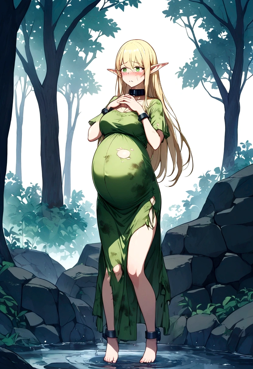 Anime. 1girl. Elf. Slave. Pregnant. Barren pregnancy. Slave collar. Shackles. Dirty tunic. Torn tunic. Blonde. Long hair. Green eyes. Beautiful eyes. Pointy ears. Cold. Runny nose. Sneeze. Sneezes. Snot flows from the nose. Covers his nose with his hands. Snot runs from the nose to the palms after sneezing. Contractions. Waste water Loss of amniotic fluid after sneezing. Full body. Forest.