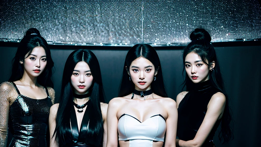 In the black room.Cool Two young Korean women and one Japan woman. They are K-pop singers. All-black costume.they looks like easpa.Fancy makeup.