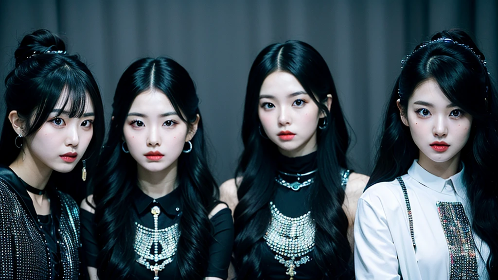 In the black room.Cool Two young Korean women and one Japan woman. They are K-pop singers. All-black costume.they looks like easpa.Fancy makeup.