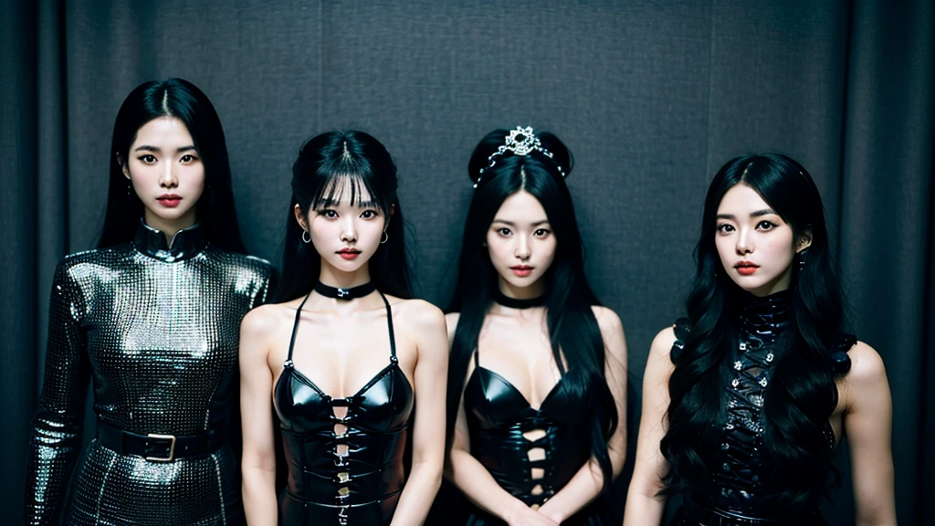 In the black room.Cool Two young Korean women and one Japan woman. They are K-pop singers. All-black costume.they looks like easpa.Fancy makeup.