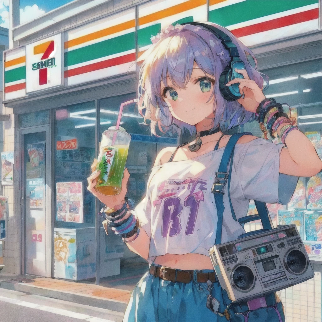 Anime girl drinking a drink outside a convenience store,smile,Wearing headphones,He has a boombox slung over his shoulder.,Bun-Eleven,7-11,Soda themed girl, Anime girl drinking juice, 80s anime style,Lofi, 4k anime wallpaper, Lo-fi Girl, artwork in the style of Gwaiz, 4K Manga Wallpapers, Cute girl anime visuals, anime wallpaper 4k, anime wallpaper 4k, Gwaiz