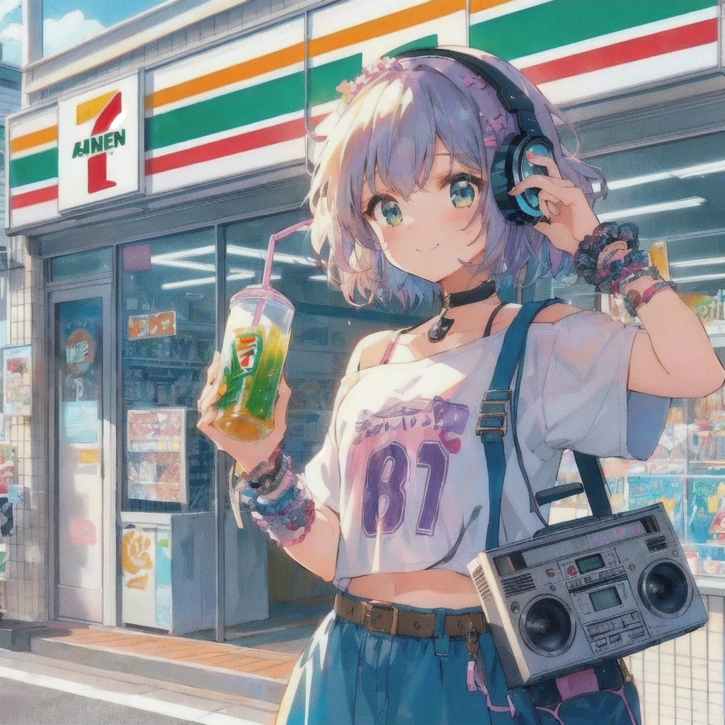 Anime girl drinking a drink outside a convenience store,smile,Wearing headphones,He has a boombox slung over his shoulder.,Bun-Eleven,7-11,Soda themed girl, Anime girl drinking juice, 80s anime style,Lofi, 4k anime wallpaper, Lo-fi Girl, artwork in the style of Gwaiz, 4K Manga Wallpapers, Cute girl anime visuals, anime wallpaper 4k, anime wallpaper 4k, Gwaiz
