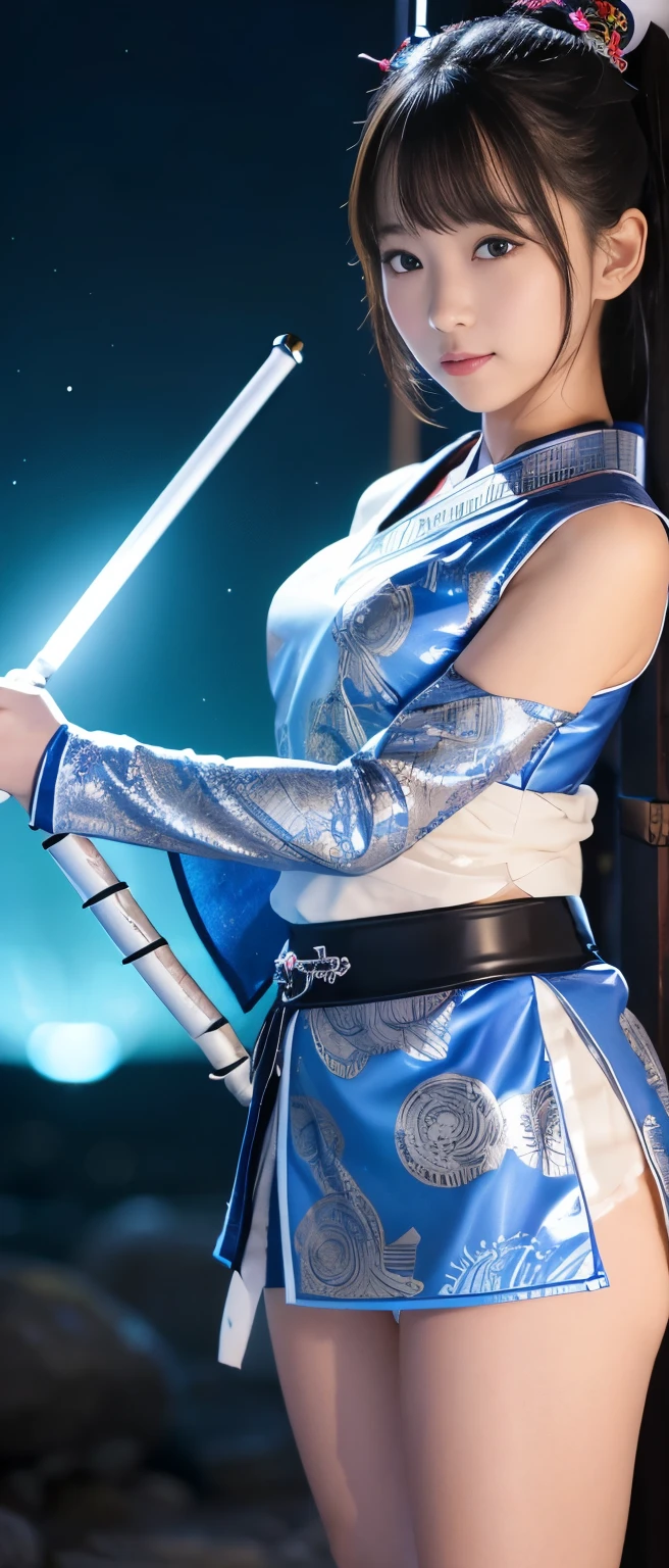 Cute and mysterious idol samurai girl、whole body、Good style、、、、、、、、、、Thick legs、、Silver and shiny blue armor mini kimono(Spiral Print)、Neat and clean idol face、、、Night of Fire、Has a glowing spear