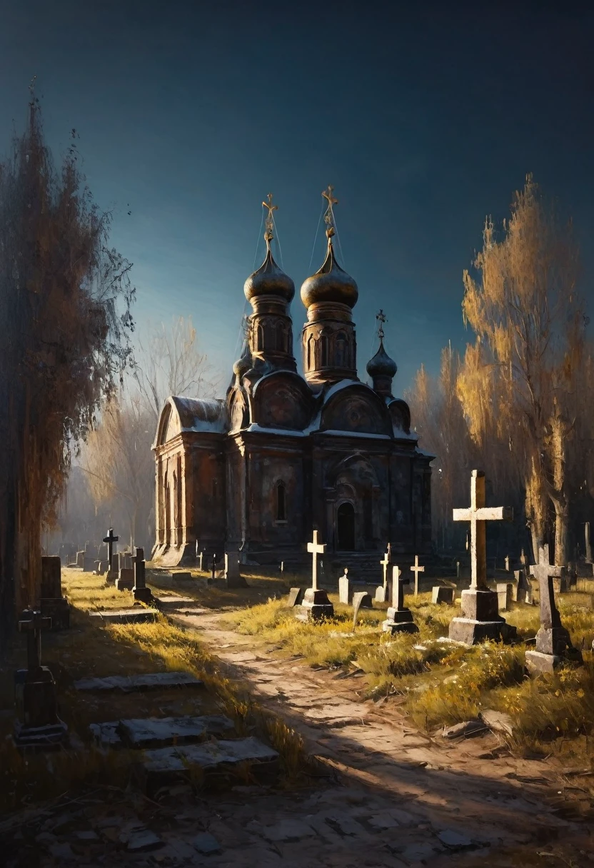 painting of a ancient Russian churchyard, crosses, graves. bathed in soft sunlight. cinematic scene, volumetric lights, ultra realistic, in the style of nicola samori