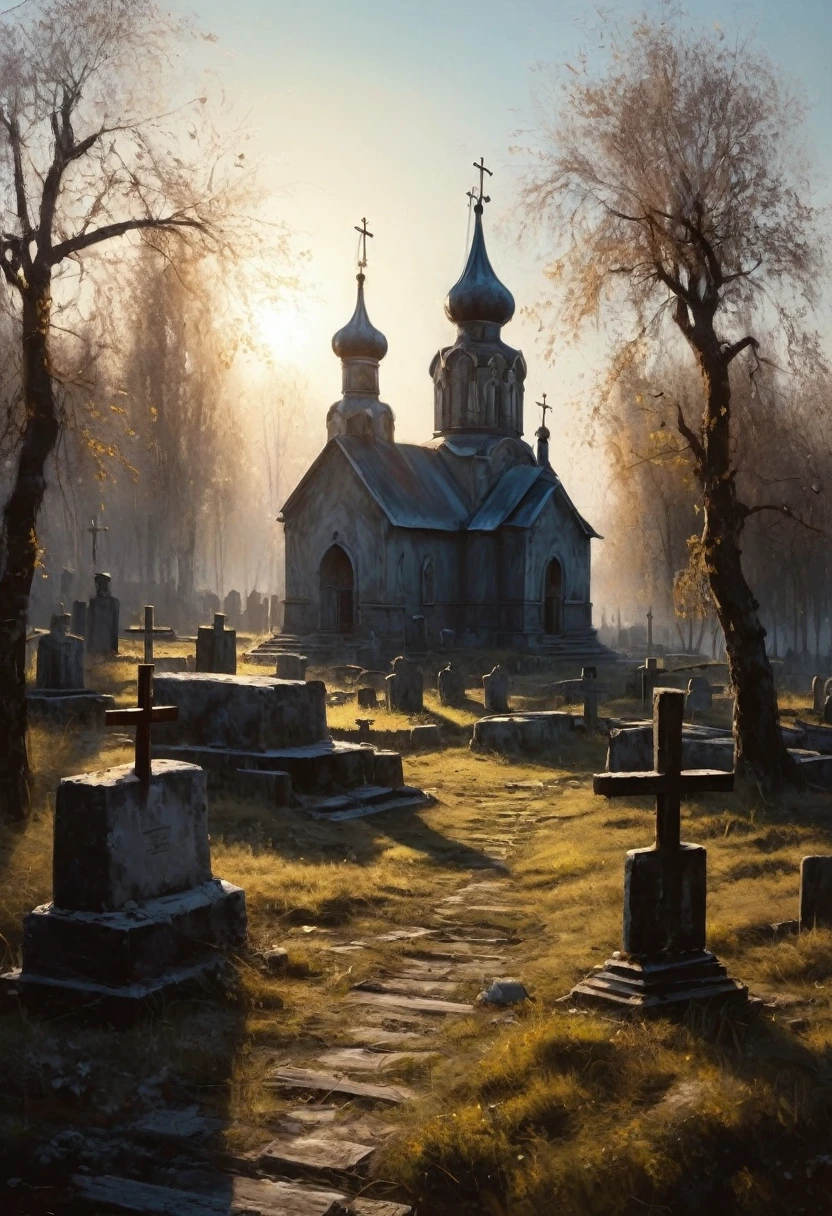 painting of a ancient Russian churchyard, crosses, graves. bathed in soft sunlight. cinematic scene, volumetric lights, ultra realistic, in the style of nicola samori