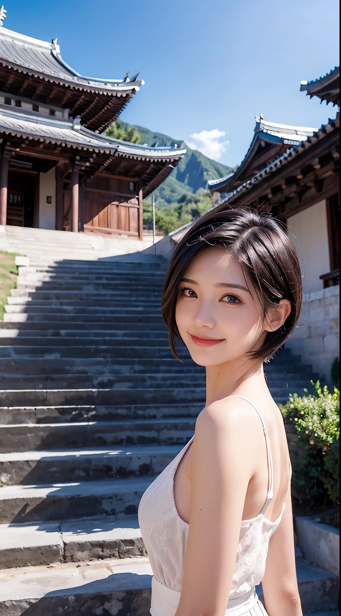 keqingdef, upper body, smile, blush, outdoors, day, simple background, blue sky, short hair, sky, temple, looking at viewer, stairs, mountain, moody lighting, facing viewer,