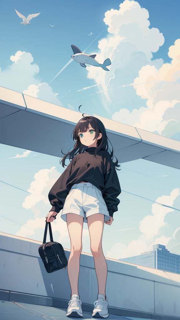 masterpiece, Exquisite detail,Highest quality, One girl, alone, handrail, cloud, Looking up at the buildings,Long Hair, NULL, Long sleeve, sneakers, Power lines, White footwear, Black Hair, View your viewers, Electric pole, bangs, cloudy NULL, fish, bird, Green Eyes, Shorts, Day, Black Shirt, barefoot,Whale flying in the sky,Giant whale,night,star,milky way,night