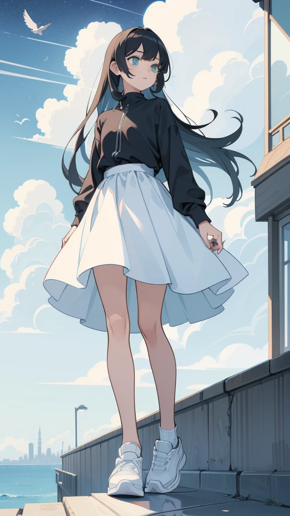 masterpiece, Exquisite detail,Highest quality, One girl, alone, handrail, cloud, Looking up at the buildings,Long Hair, NULL, Long sleeve, sneakers, Power lines, White footwear, Black Hair, View your viewers, Electric pole, bangs, cloudy NULL, fish, bird, Green Eyes, Shorts, Day, Black Shirt, barefoot,Whale flying in the sky,Giant whale,night,star,milky way,night