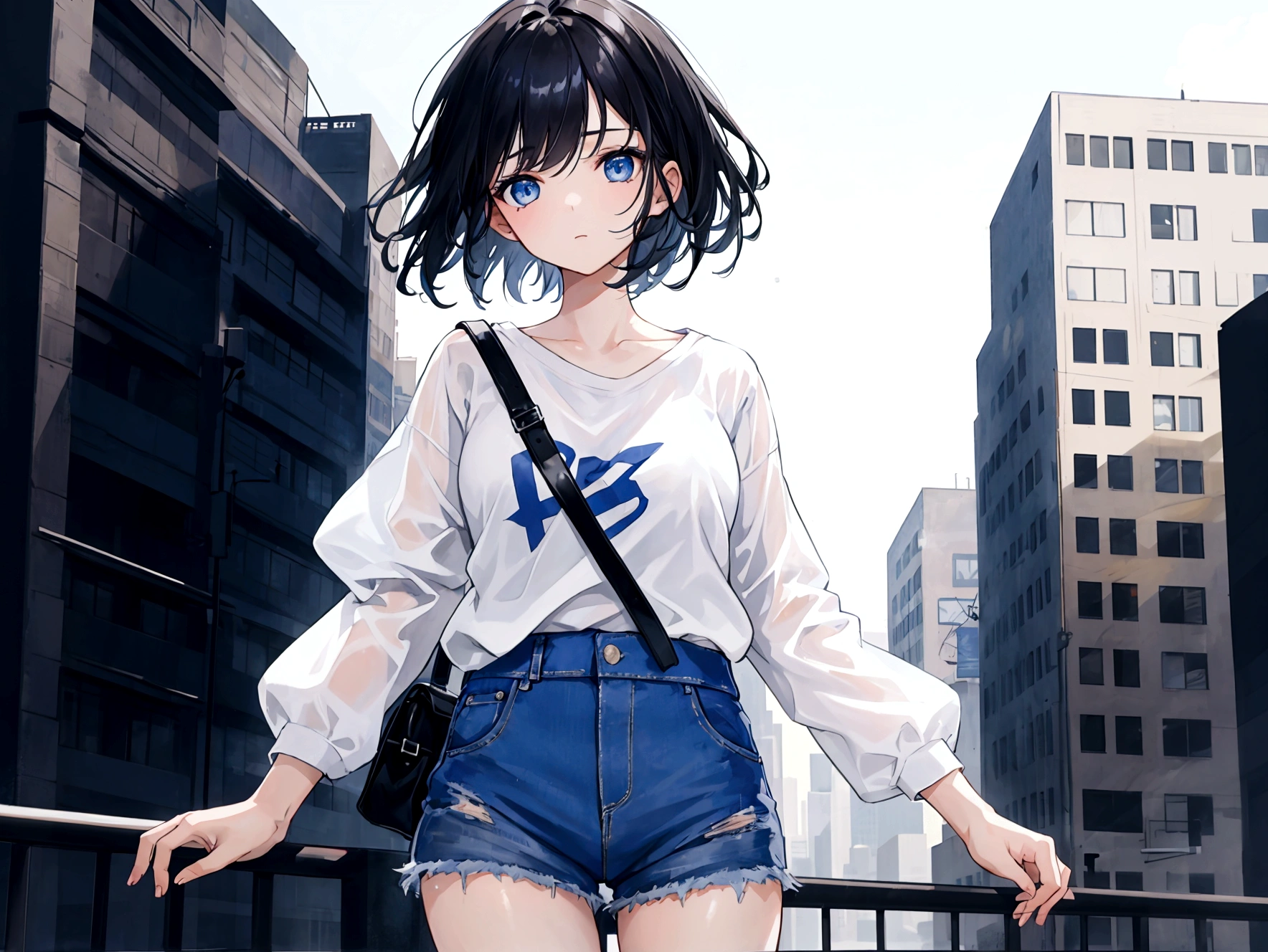 1girl, short black hair, blue eyes, wearing plain white shirt, denim shorts, city, absurdres, high res, ultrasharp, 8K, masterpiece, looking at viewer
