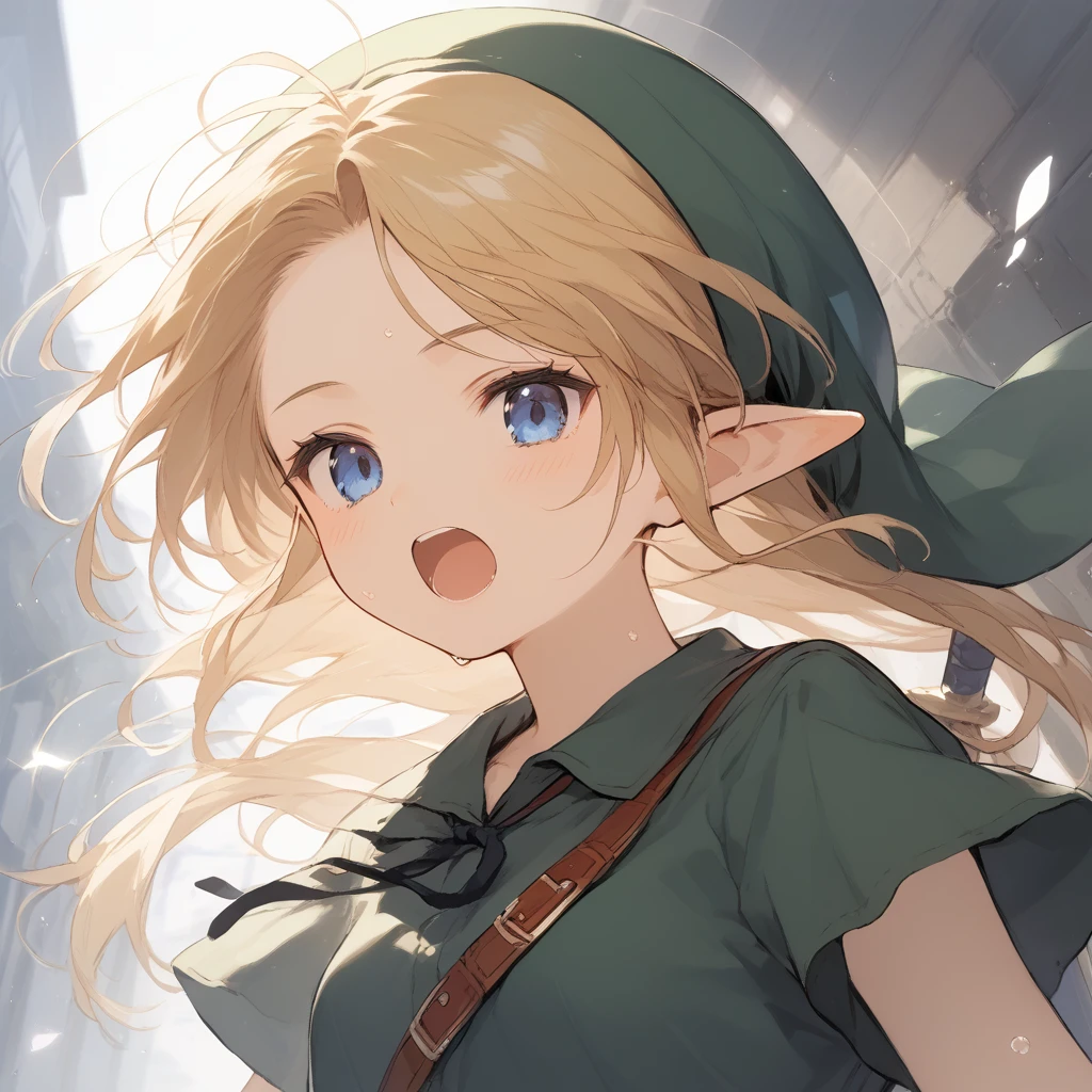 score_9, score_8_up, score_7_up, source_anime, best quality, masterpiece, official art, absurdres, highres, ultra-detailed,waifu2x,Collection: Slice of Life,break,1girl, YoungLink,13-year-old, small breasts, blonde hair, green tunic, pointy ears, hat, solo, blue eyes,green_headwear belt, sword, sweat, open mouth, (yawn:0.3), sleepily, outdoors, wind,break,(clear line illustration:1.2), super detailed skin,very high resolution, very aesthetic, Best sexual lighting powered by famous artist, 8k,cute picture,beauty illustration,photoshop_(medium),,(Detailed Lighting),best anime 8k konachan wallpaper, pixiv contest winner, 
